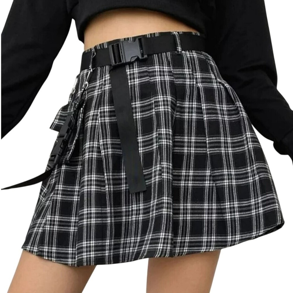 Shein Womens Mini Skirts‎ Plaid Print  High Waist Gothic Kawaii Size S With Belt